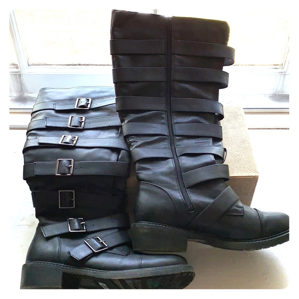 Tall, wide width calf buckled boots